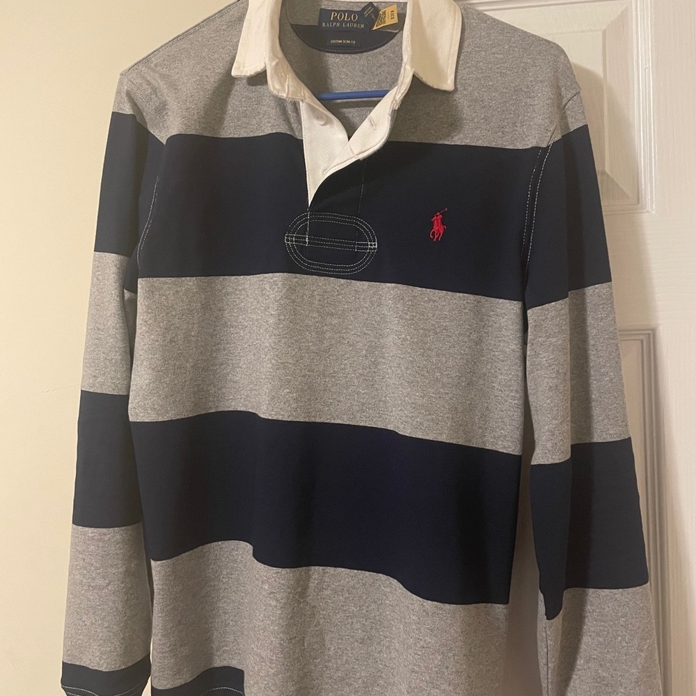 Grey and blue collard polo long sleeve